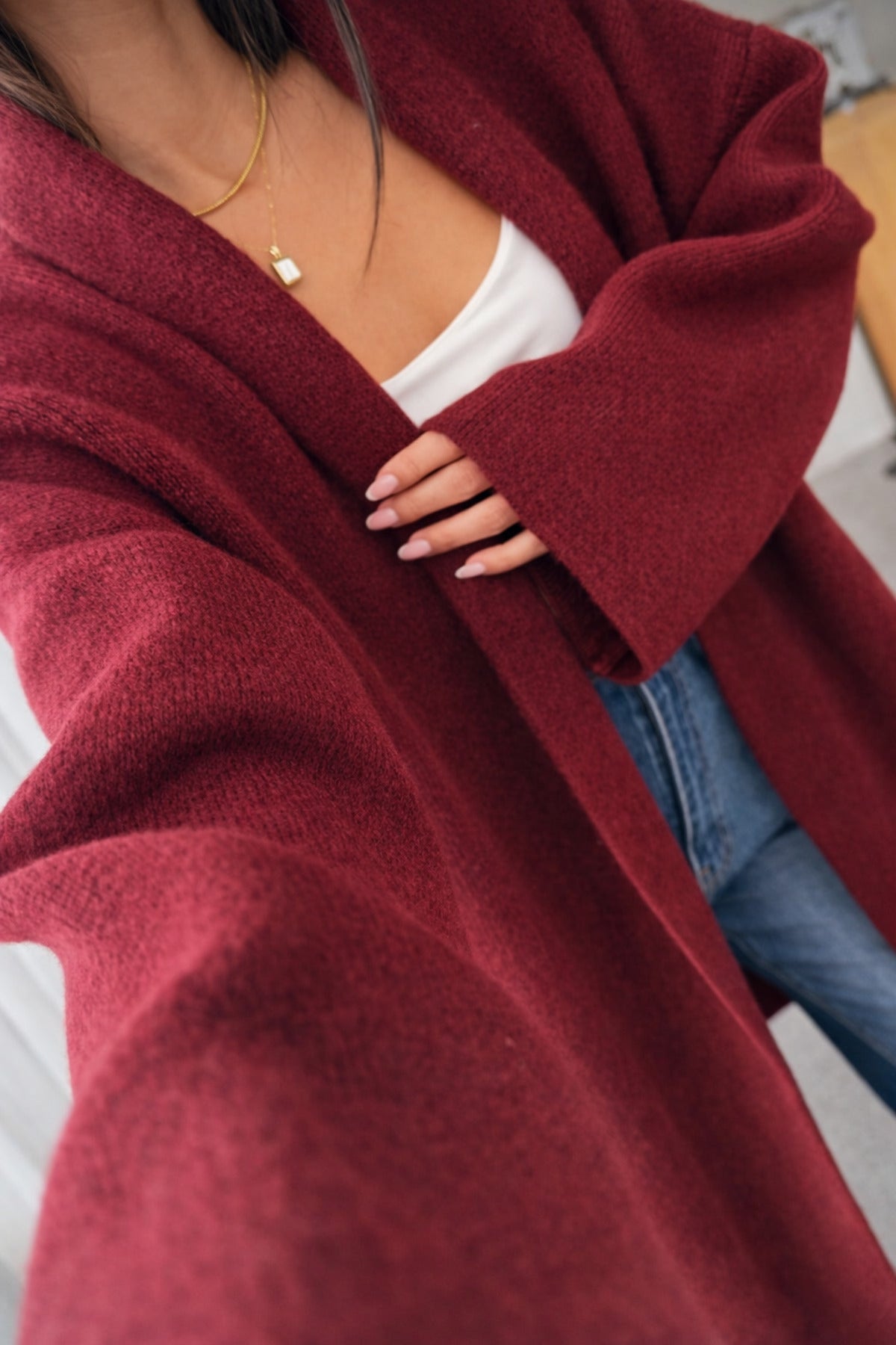 Kadın Şardonlu Uzun Oversize Triko Hırka – Şal Yaka, 120 cm - Bordo