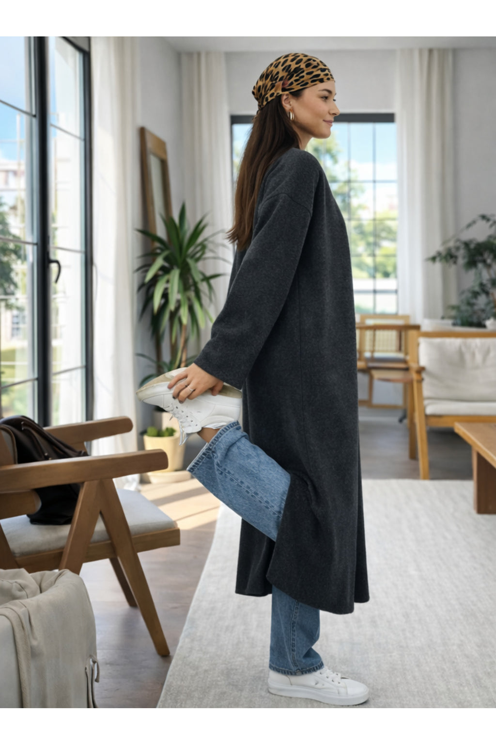Kadın Şardonlu Uzun Oversize Triko Hırka – Şal Yaka, 120 cm - Antrasit