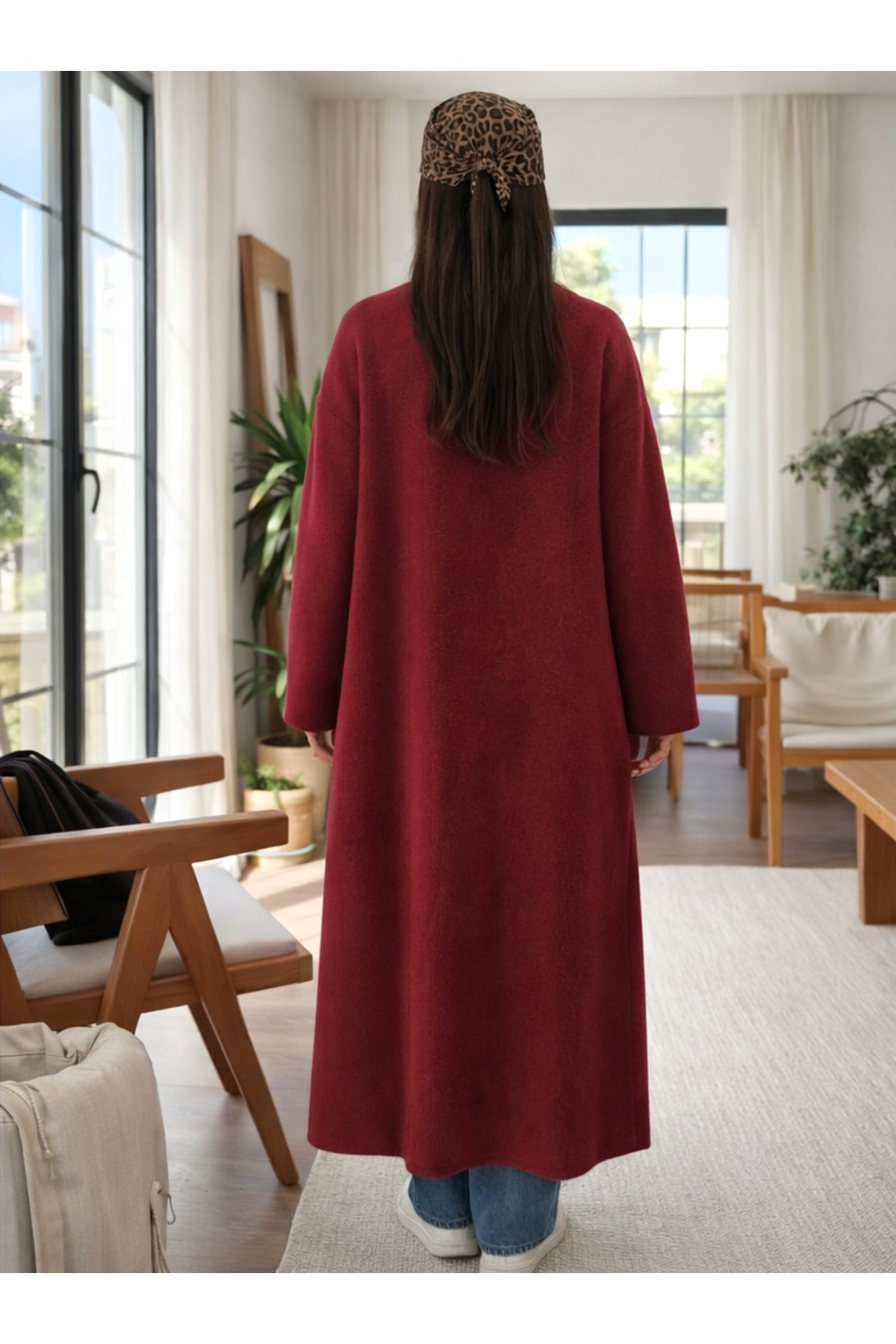 Kadın Şardonlu Uzun Oversize Triko Hırka – Şal Yaka, 120 cm - Bordo