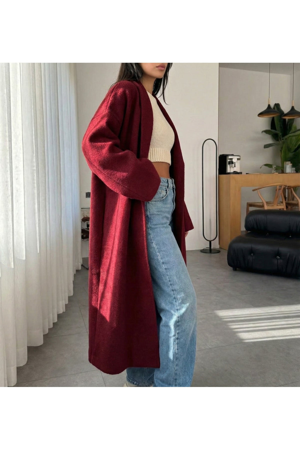 Kadın Şardonlu Uzun Oversize Triko Hırka – Şal Yaka, 120 cm - Bordo