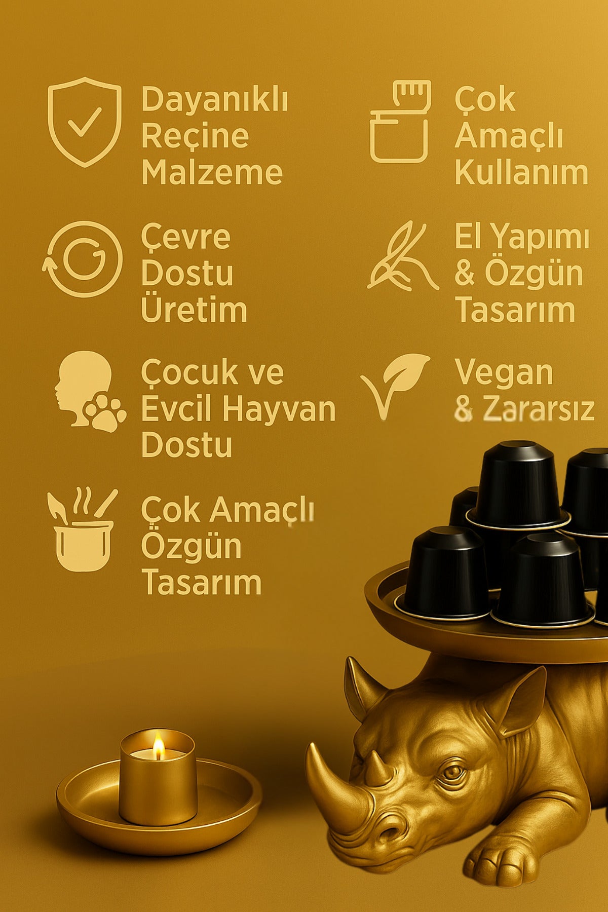 Dekoratif Tasarım Gold Gergedan Sunum Not Pratik Gereç Vegan Üretim 14 X 14 Cm - Görsel 8