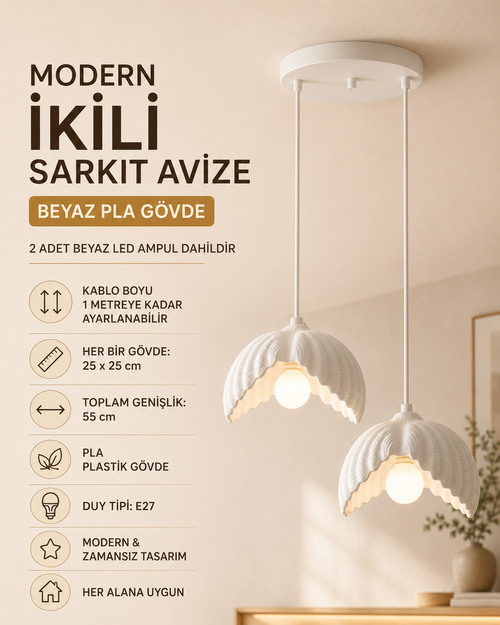 2'li Beton Dokulu İstiridye Sarkıt Avize | 3D Baskı PLA Gövde | 25 cm | E27 Ampül Dahil