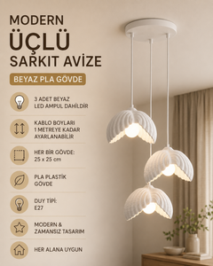 
3'lü Beton Dokulu İstiridye Sarkıt Avize | 3D Baskı PLA Gövde | 25 cm | E27 Ampül Dahil
