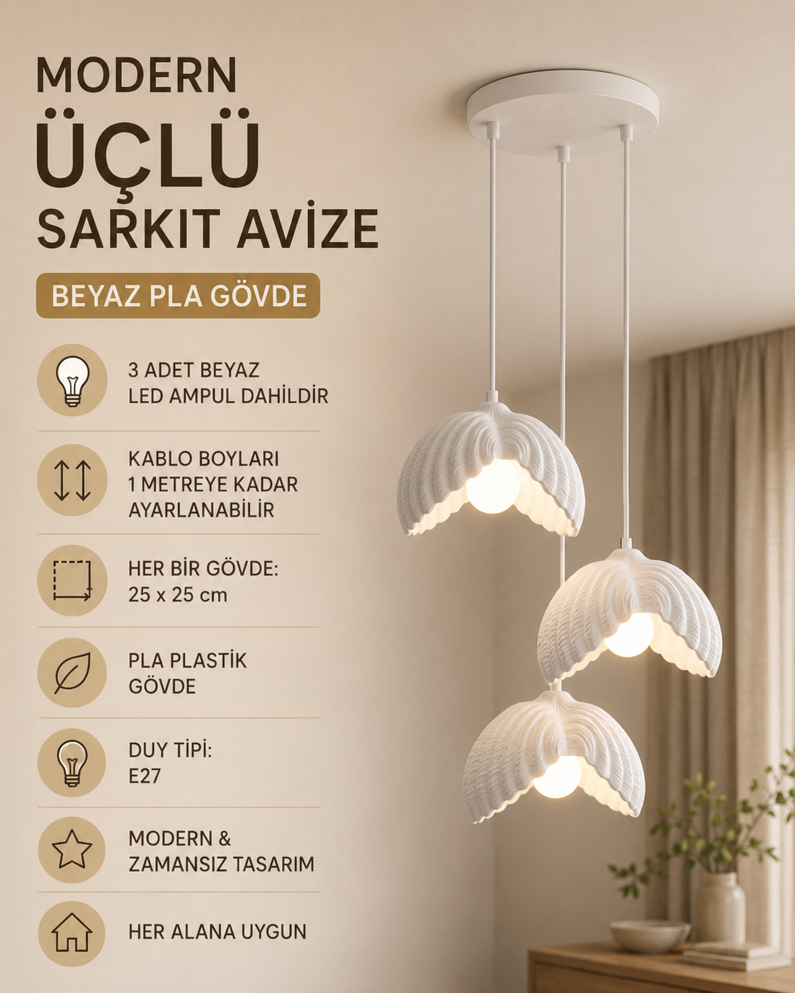 
3'lü Beton Dokulu İstiridye Sarkıt Avize | 3D Baskı PLA Gövde | 25 cm | E27 Ampül Dahil
