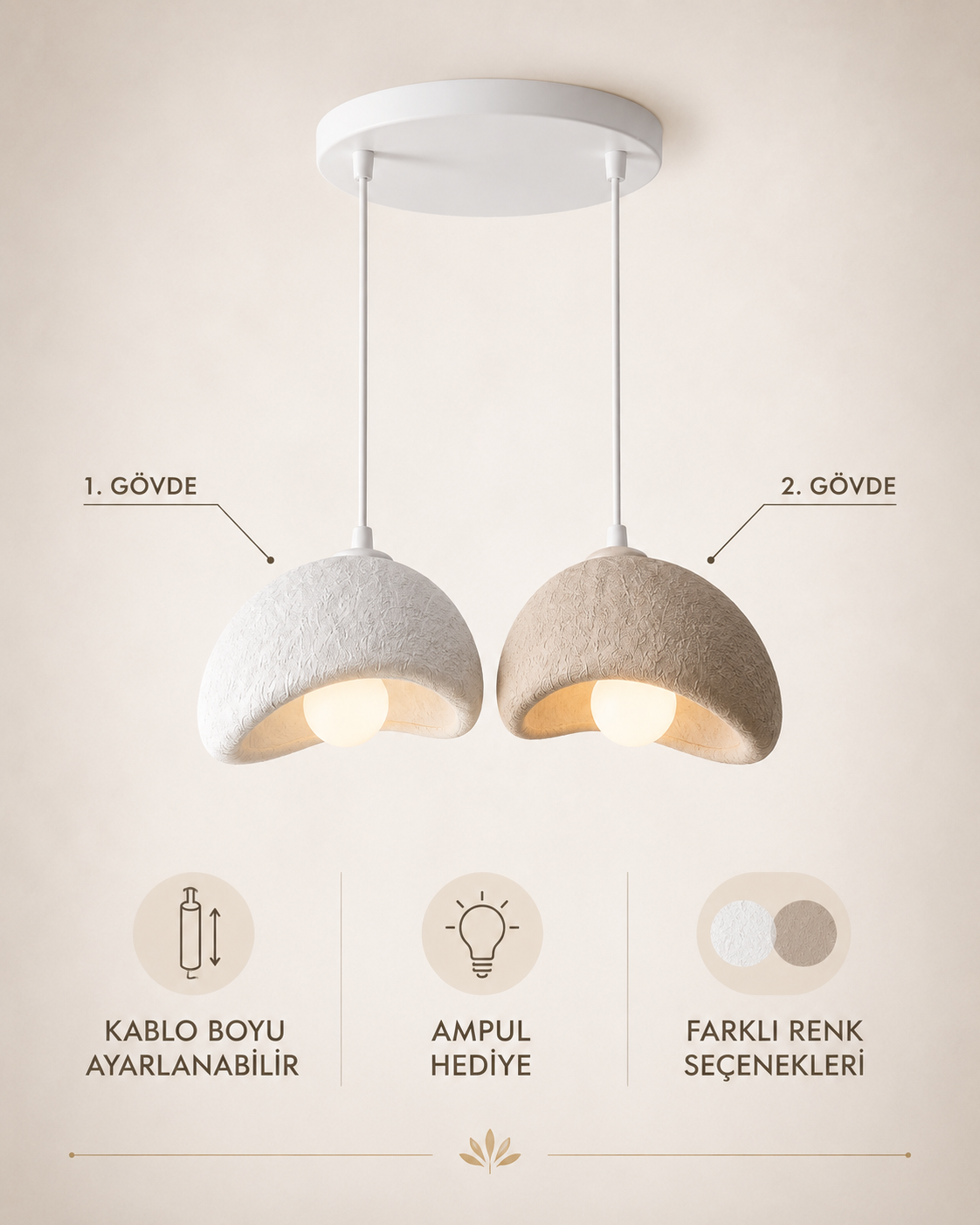 
2'li Beton Dokulu Modern Sarkıt Avize | 3D Baskı PLA Gövde | 25 cm | E27 Ampul Dahil