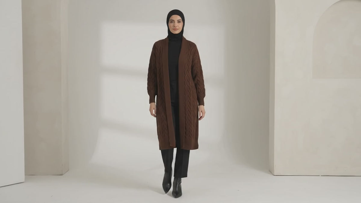 Kadın Kahverengi Uzun Oversize Triko Hırka Kışlık Saç Örgülü Midi Boy
